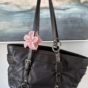 SOLD Coach Black Leather Tote with Pink Flower Charm